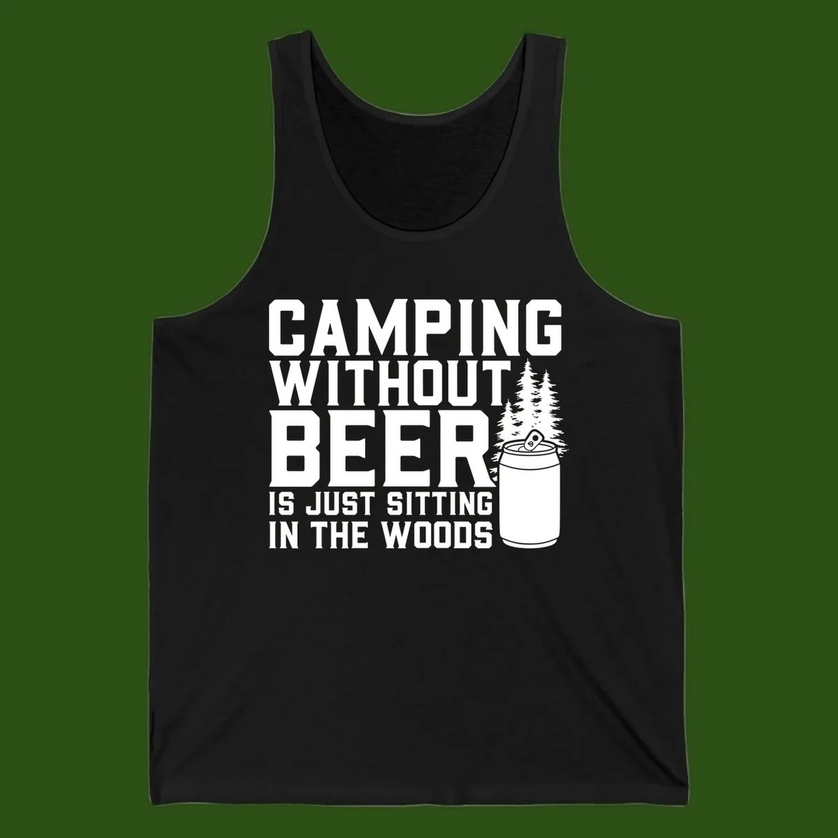 Camping without beer design with bold text, beer mug, and pine trees on gray background