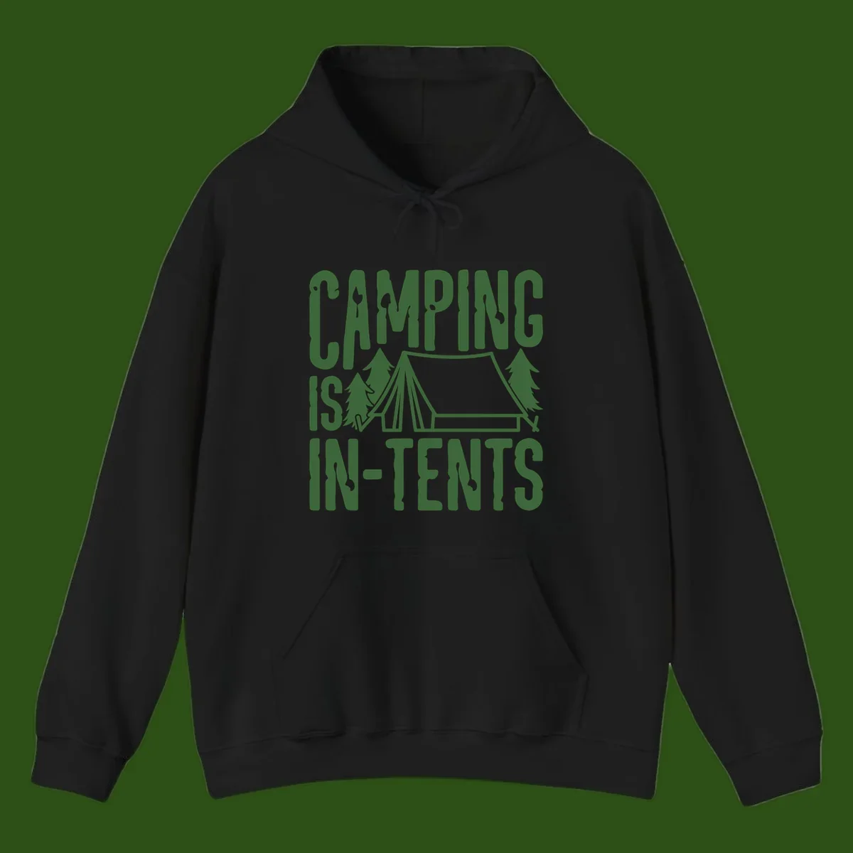 Green text and camping imagery design reading 'Camping Is In-Tents' with a tent and trees illustration on gray background
