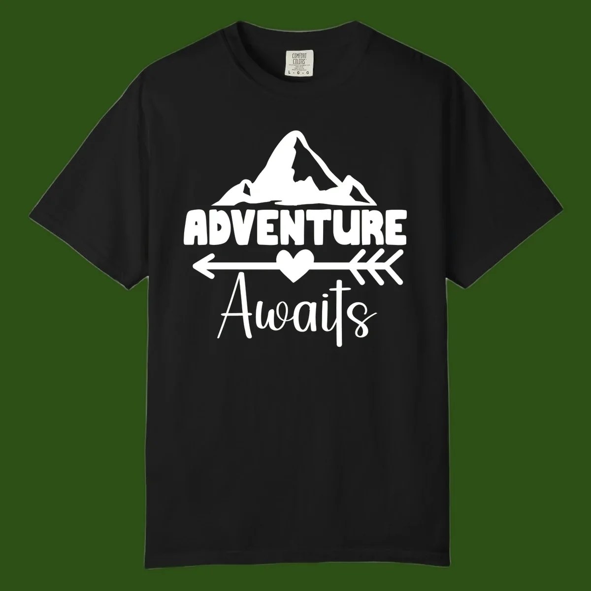 Adventure awaits mountain design with snow peaks, heart, and directional arrows on white background
