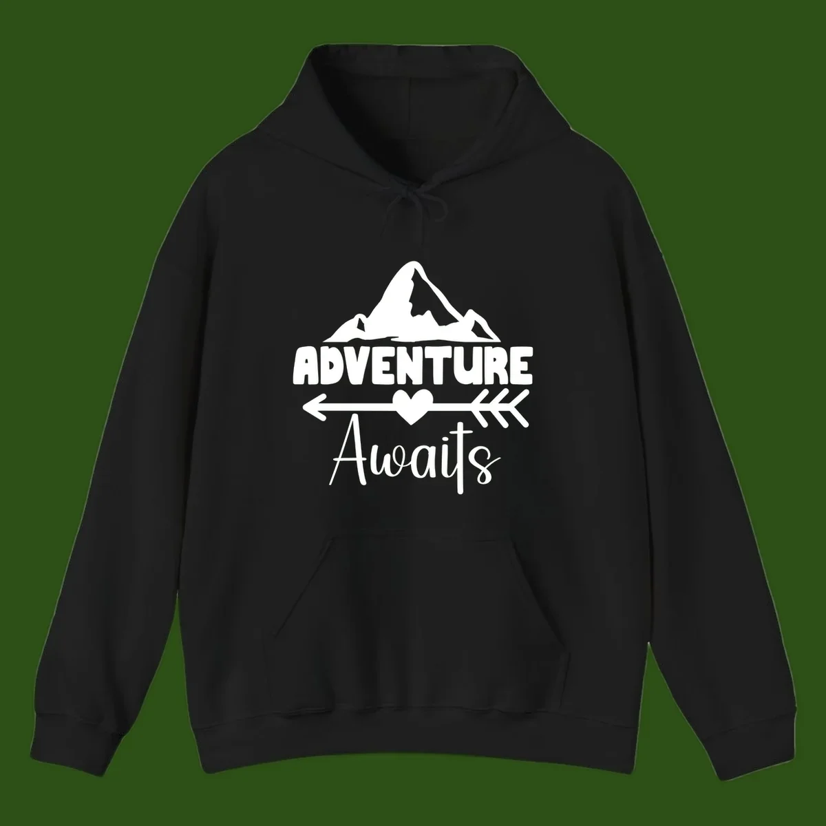 Adventure awaits mountain design with snow peaks, heart, and directional arrows on white background