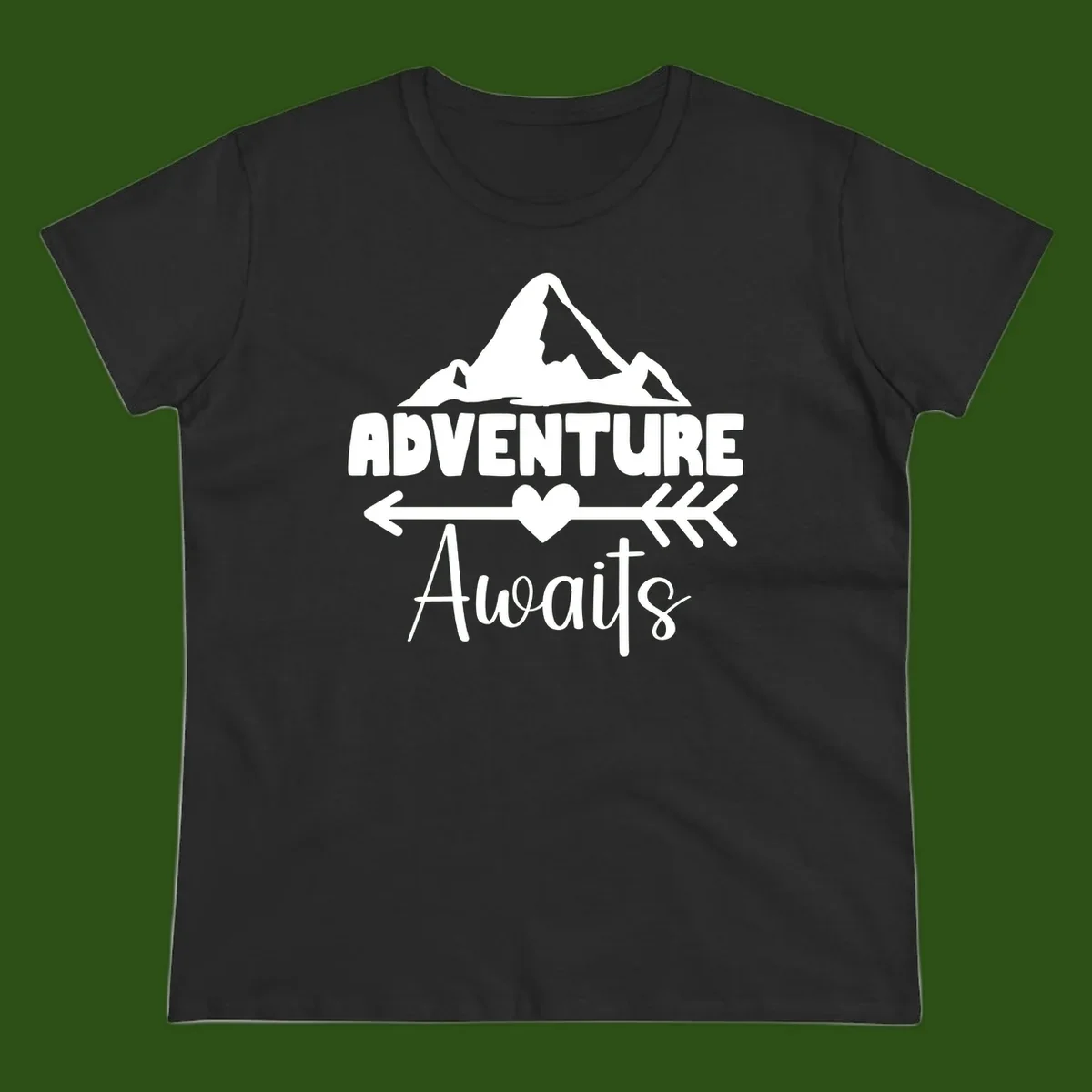 Adventure awaits mountain design with snow peaks, heart, and directional arrows on white background