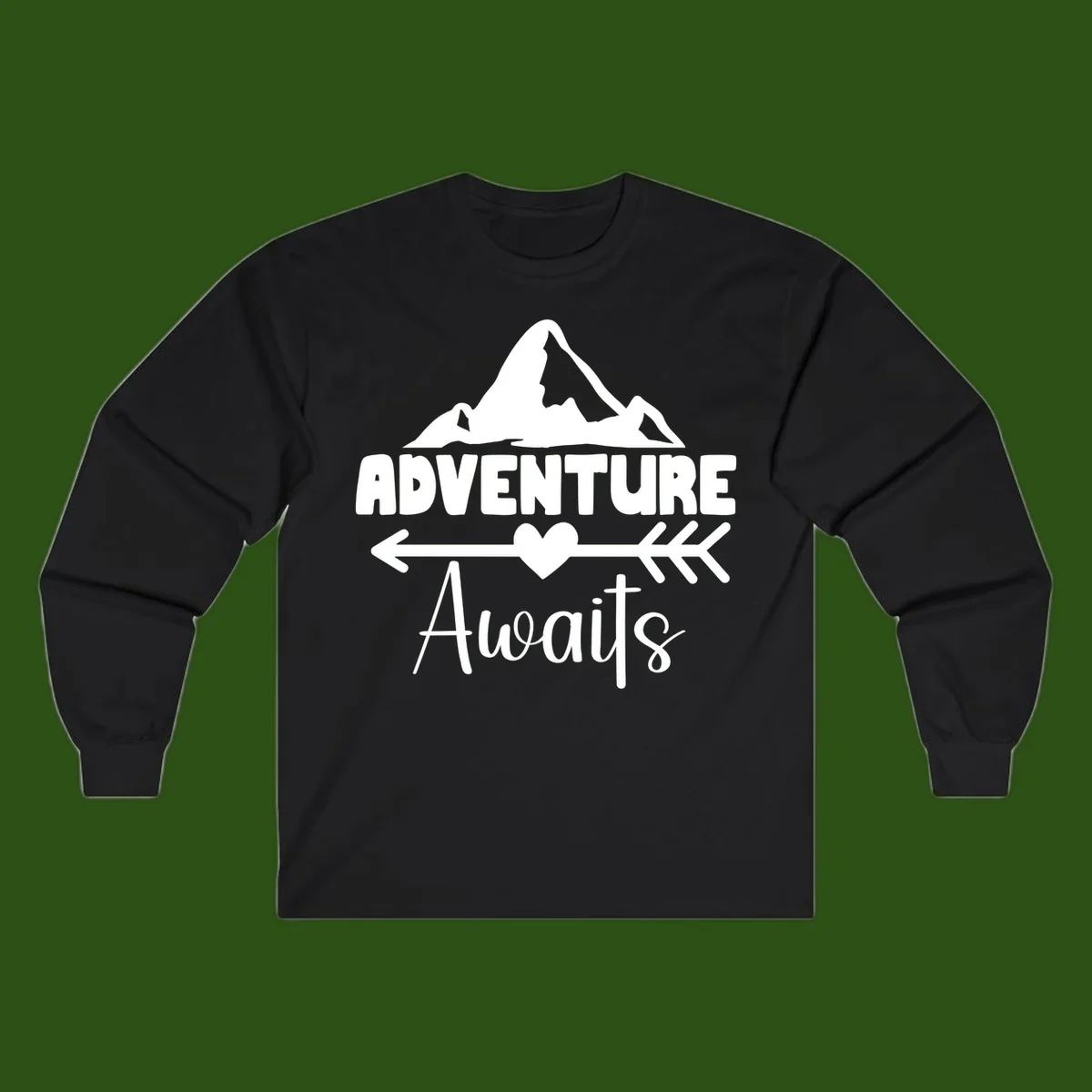 Adventure awaits mountain design with snow peaks, heart, and directional arrows on white background