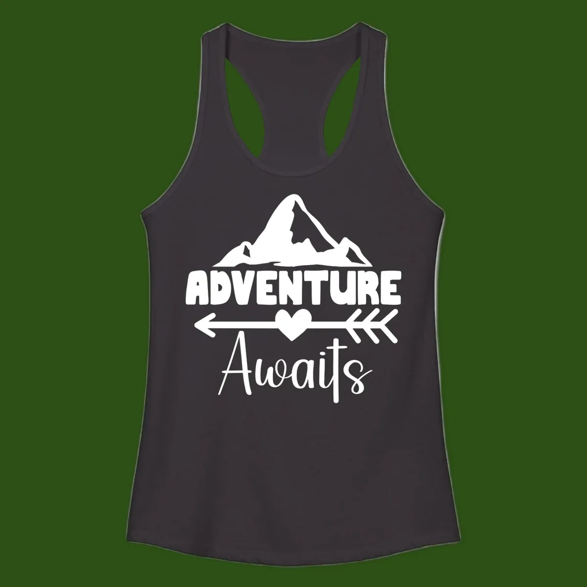 Adventure awaits mountain design with snow peaks, heart, and directional arrows on white background