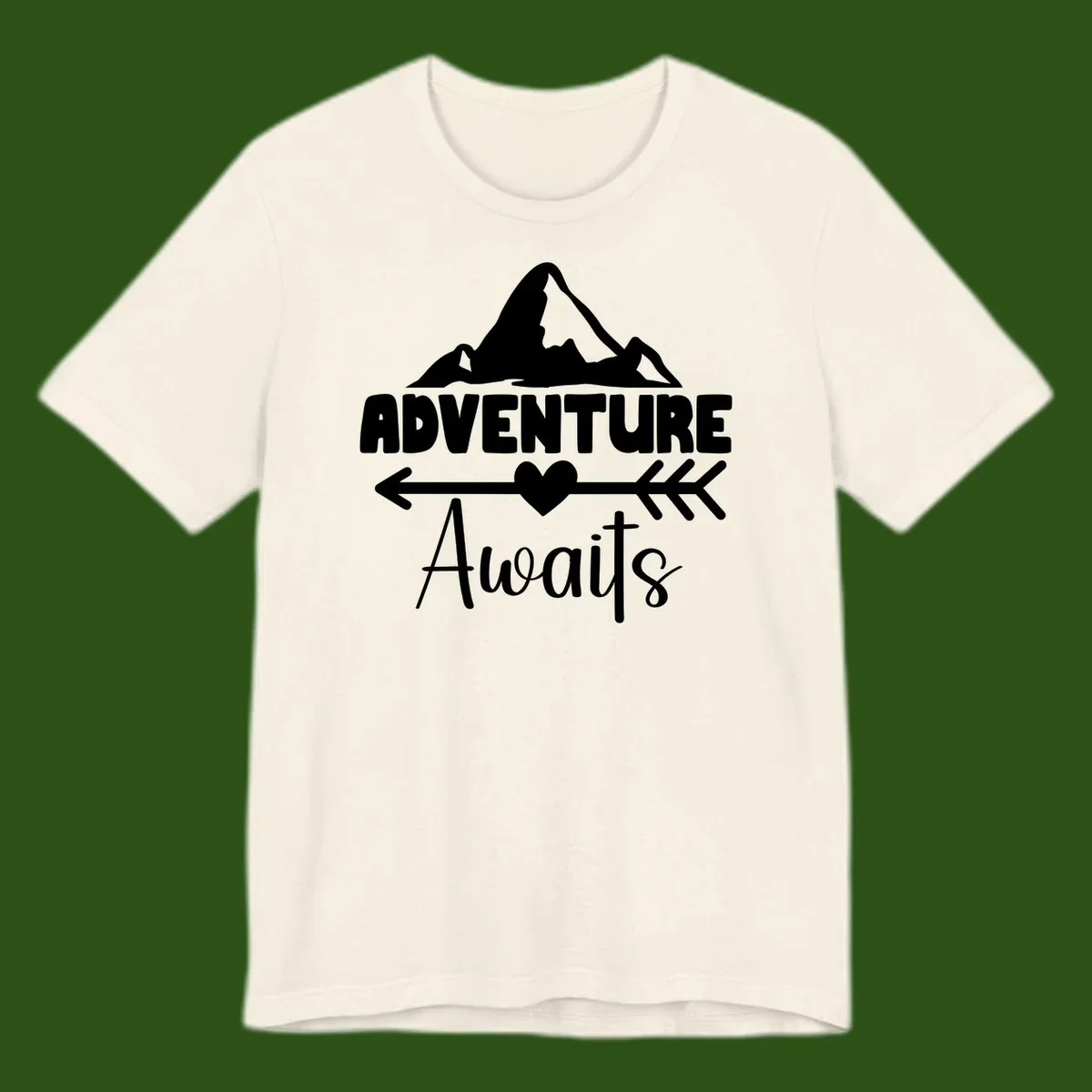 Adventure awaits mountain design with snow peaks, heart, and directional arrows on white background