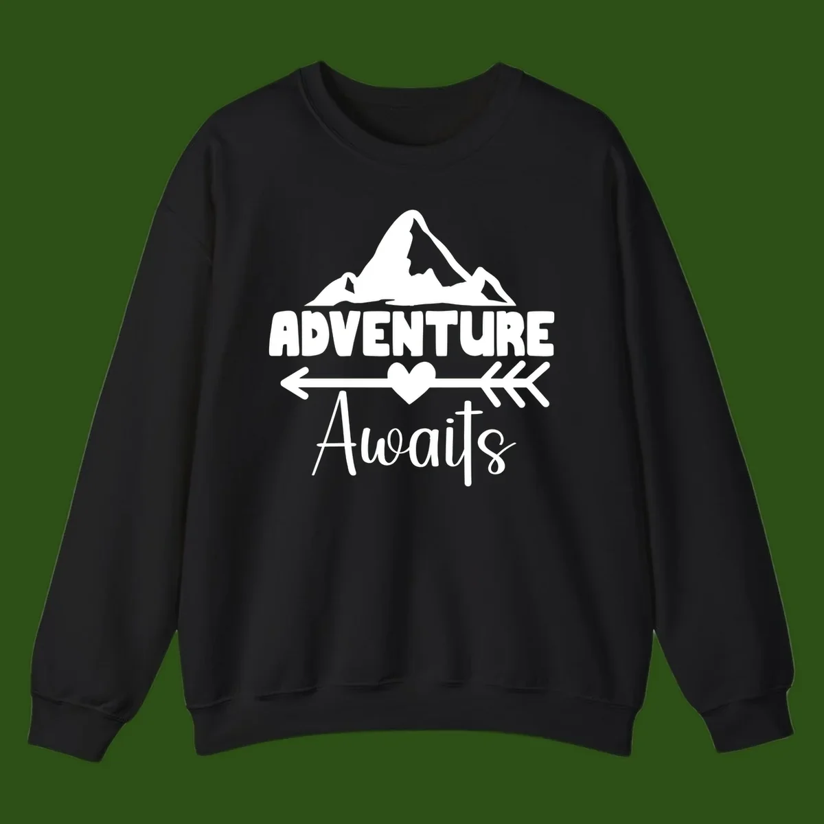 Adventure awaits mountain design with snow peaks, heart, and directional arrows on white background