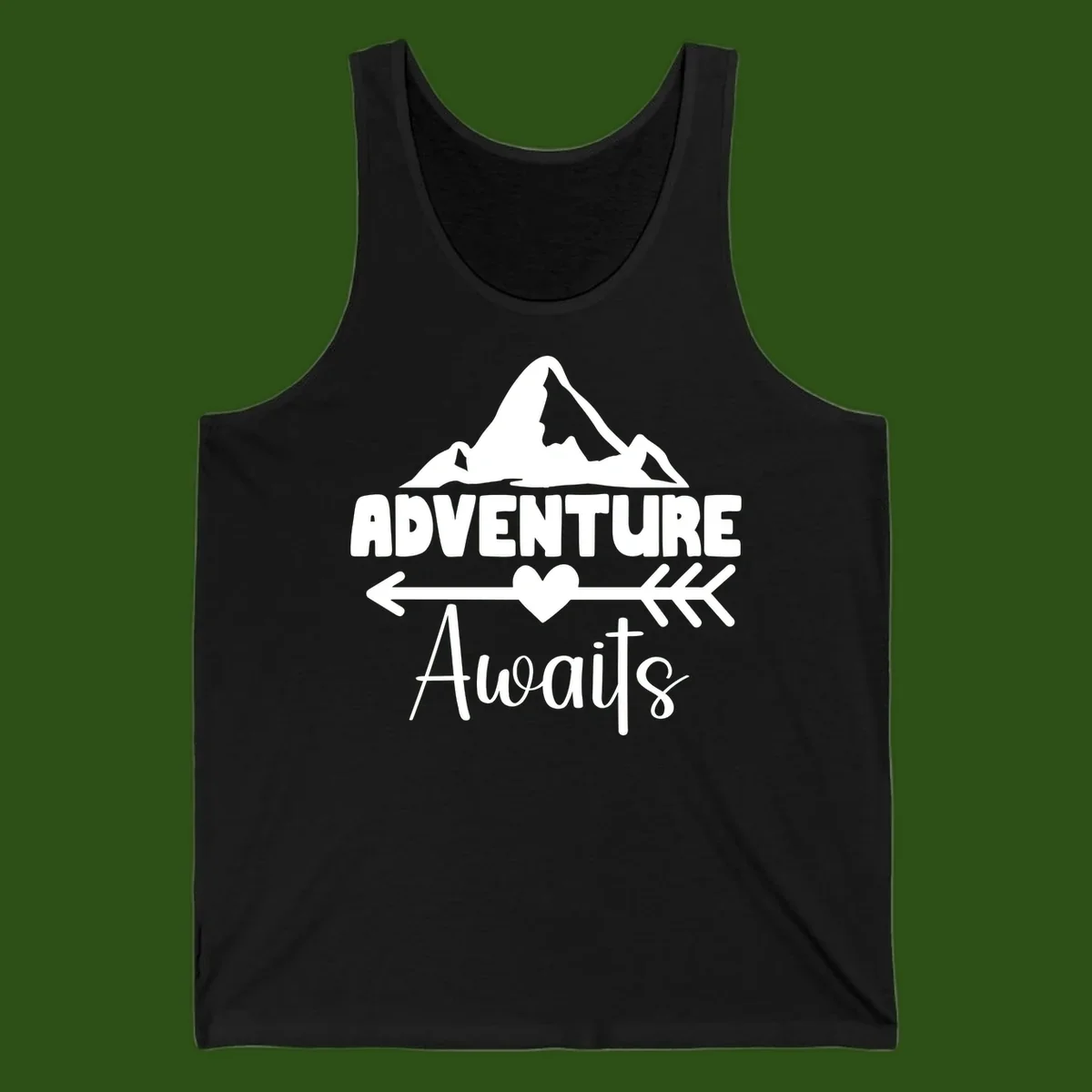 Adventure awaits mountain design with snow peaks, heart, and directional arrows on white background