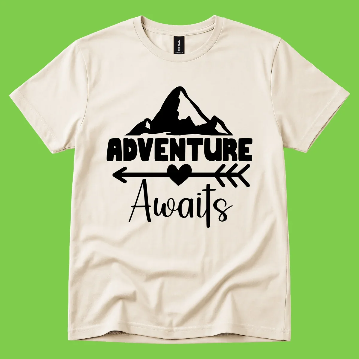 Adventure awaits mountain design with snow peaks, heart, and directional arrows on white background