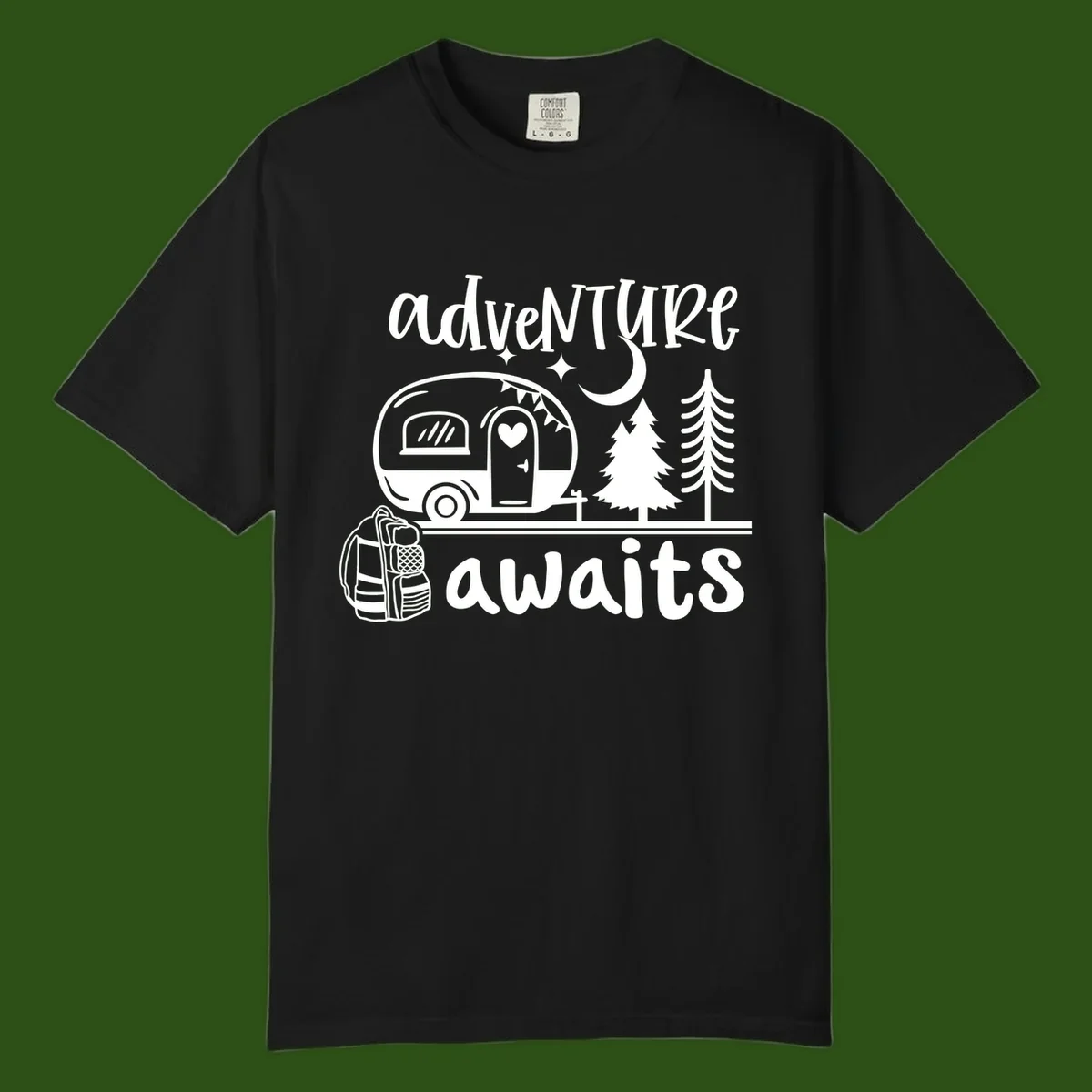 Retro camper trailer with heart-shaped door under moonlight and stars, surrounded by evergreen trees, with 'adventure awaits' text.