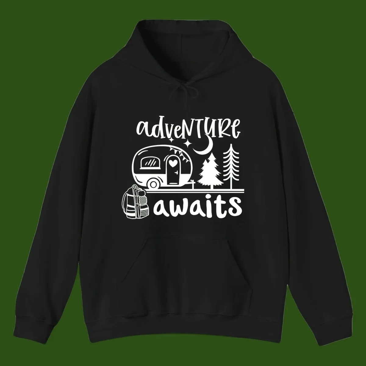 Retro camper trailer with heart-shaped door under moonlight and stars, surrounded by evergreen trees, with 'adventure awaits' text.