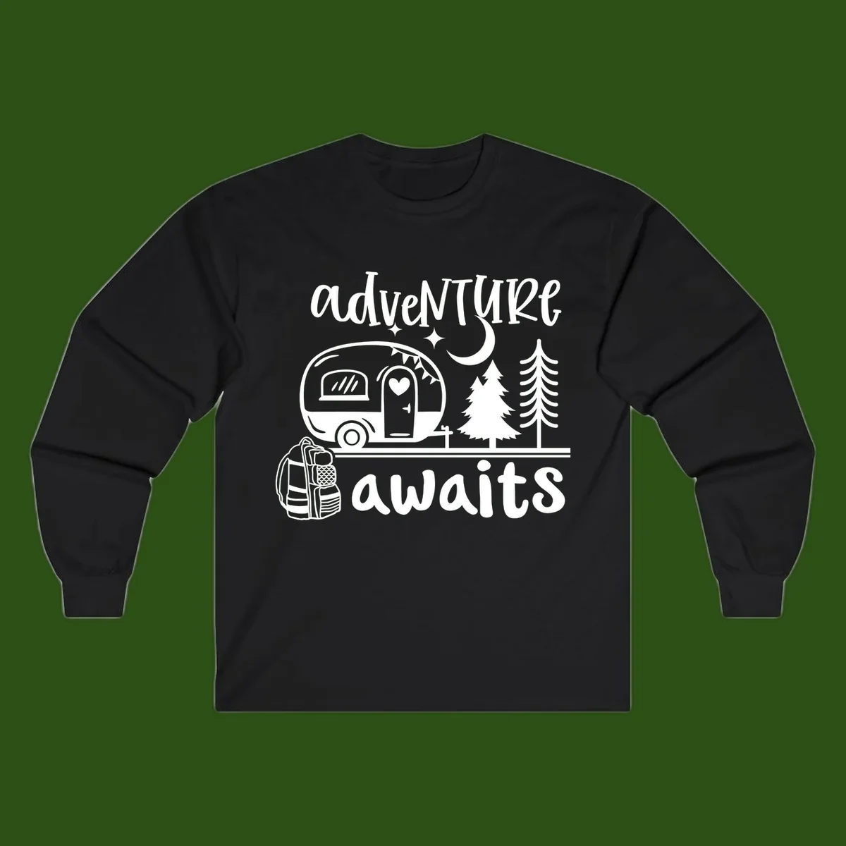 Retro camper trailer with heart-shaped door under moonlight and stars, surrounded by evergreen trees, with 'adventure awaits' text.
