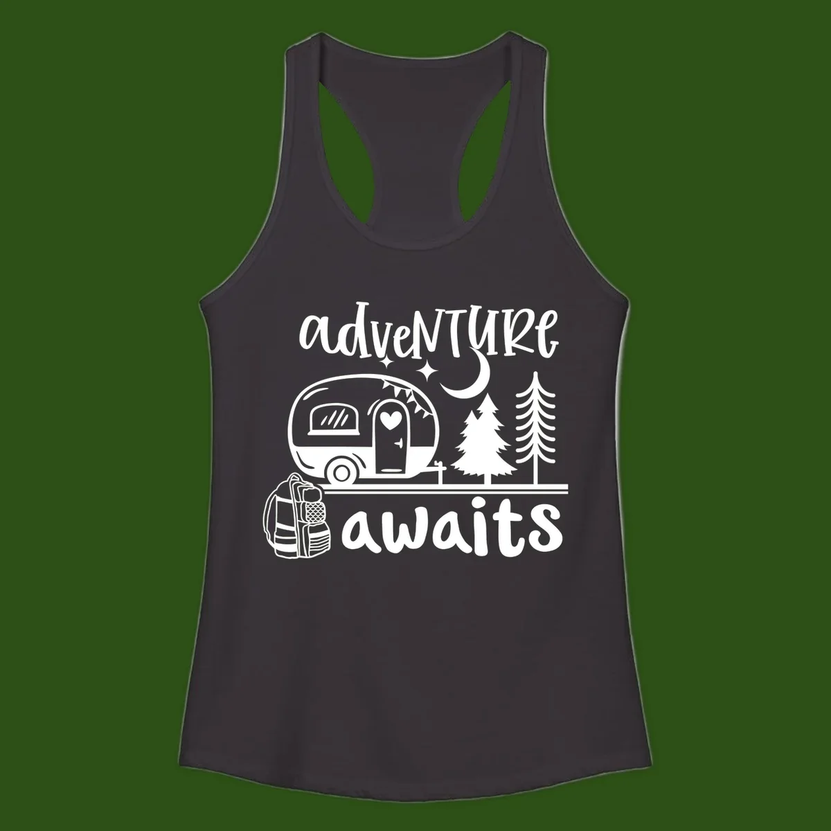 Retro camper trailer with heart-shaped door under moonlight and stars, surrounded by evergreen trees, with 'adventure awaits' text.