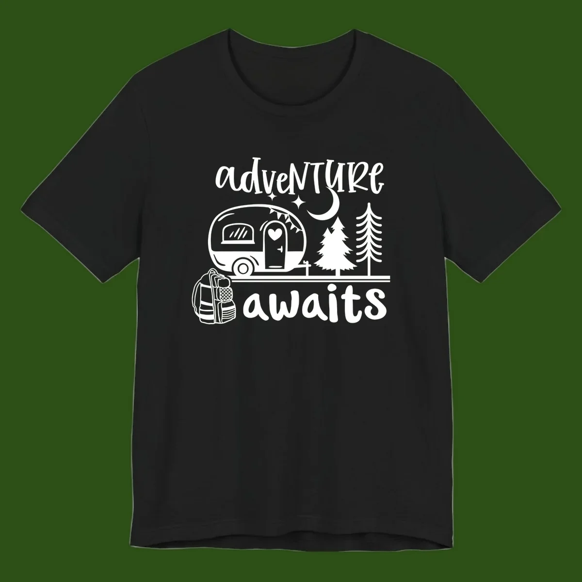 Retro camper trailer with heart-shaped door under moonlight and stars, surrounded by evergreen trees, with 'adventure awaits' text.