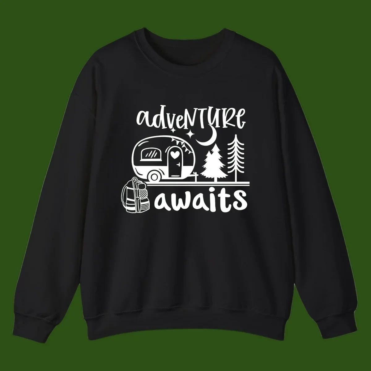 Retro camper trailer with heart-shaped door under moonlight and stars, surrounded by evergreen trees, with 'adventure awaits' text.