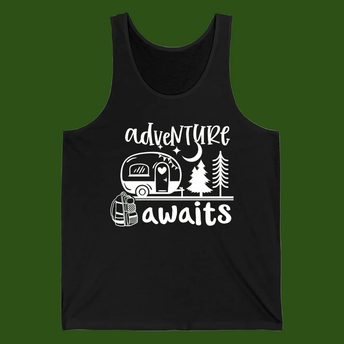 Retro camper trailer with heart-shaped door under moonlight and stars, surrounded by evergreen trees, with 'adventure awaits' text.