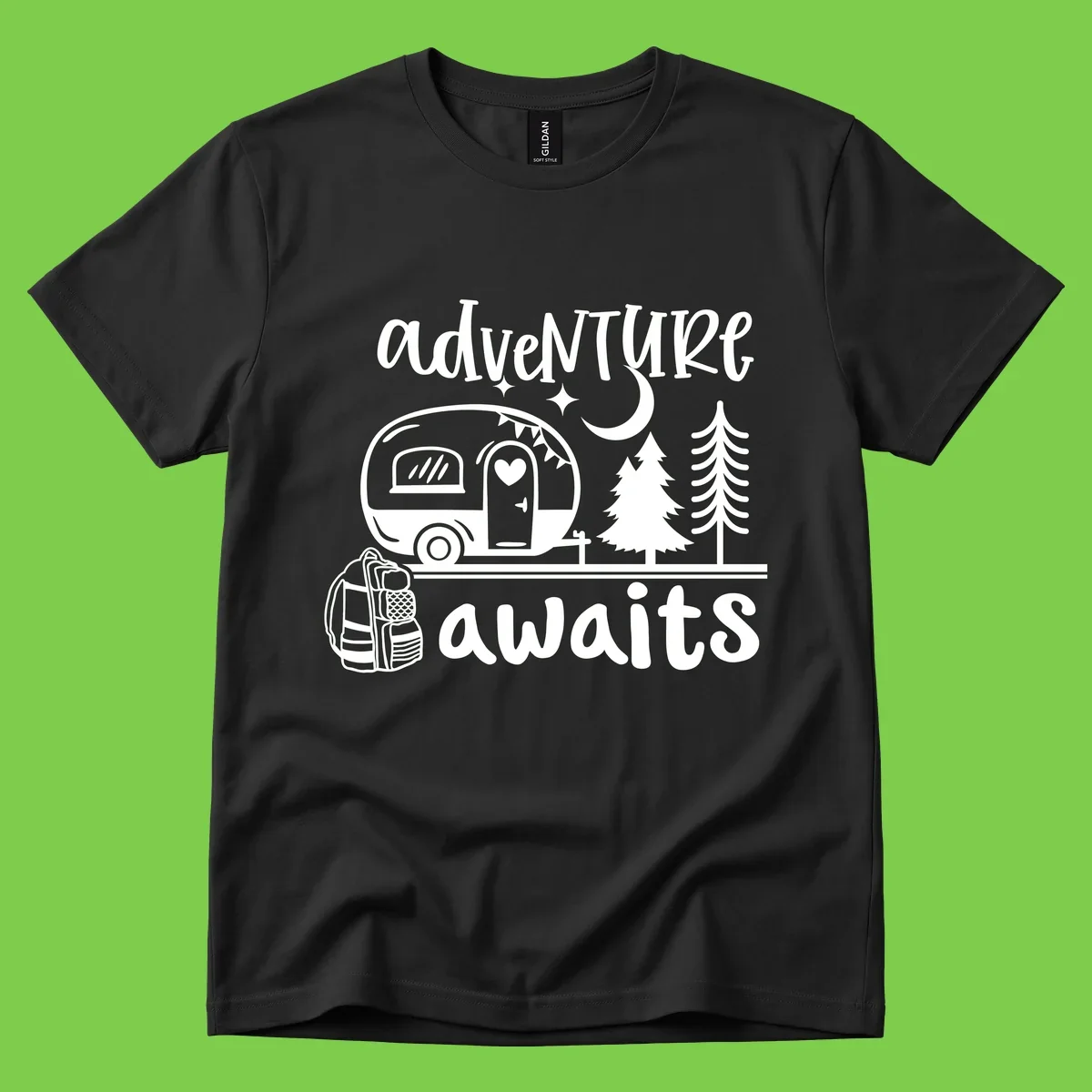 Retro camper trailer with heart-shaped door under moonlight and stars, surrounded by evergreen trees, with 'adventure awaits' text.