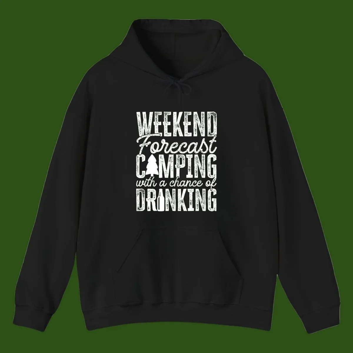 Distressed white text on gray reading 'Weekend Forecast: Camping with a chance of Drinking' with pine tree and beer bottle icons