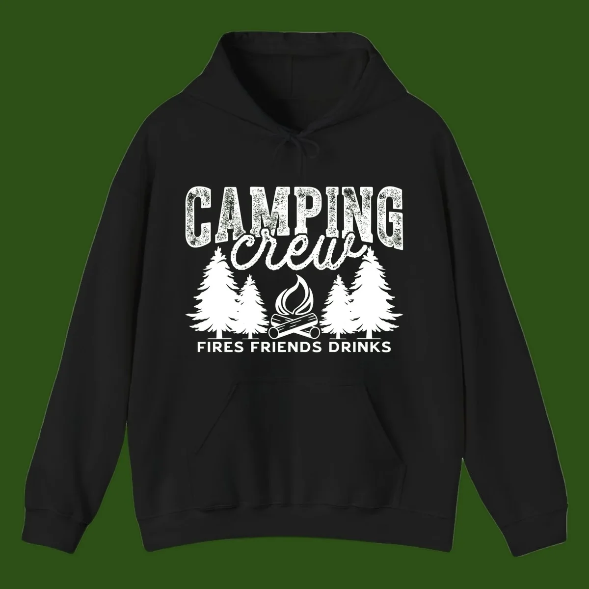 Distressed white design with 'CAMPING' text, campfire, evergreen trees, and 'FIRES FRIENDS DRINKS' script on gray background