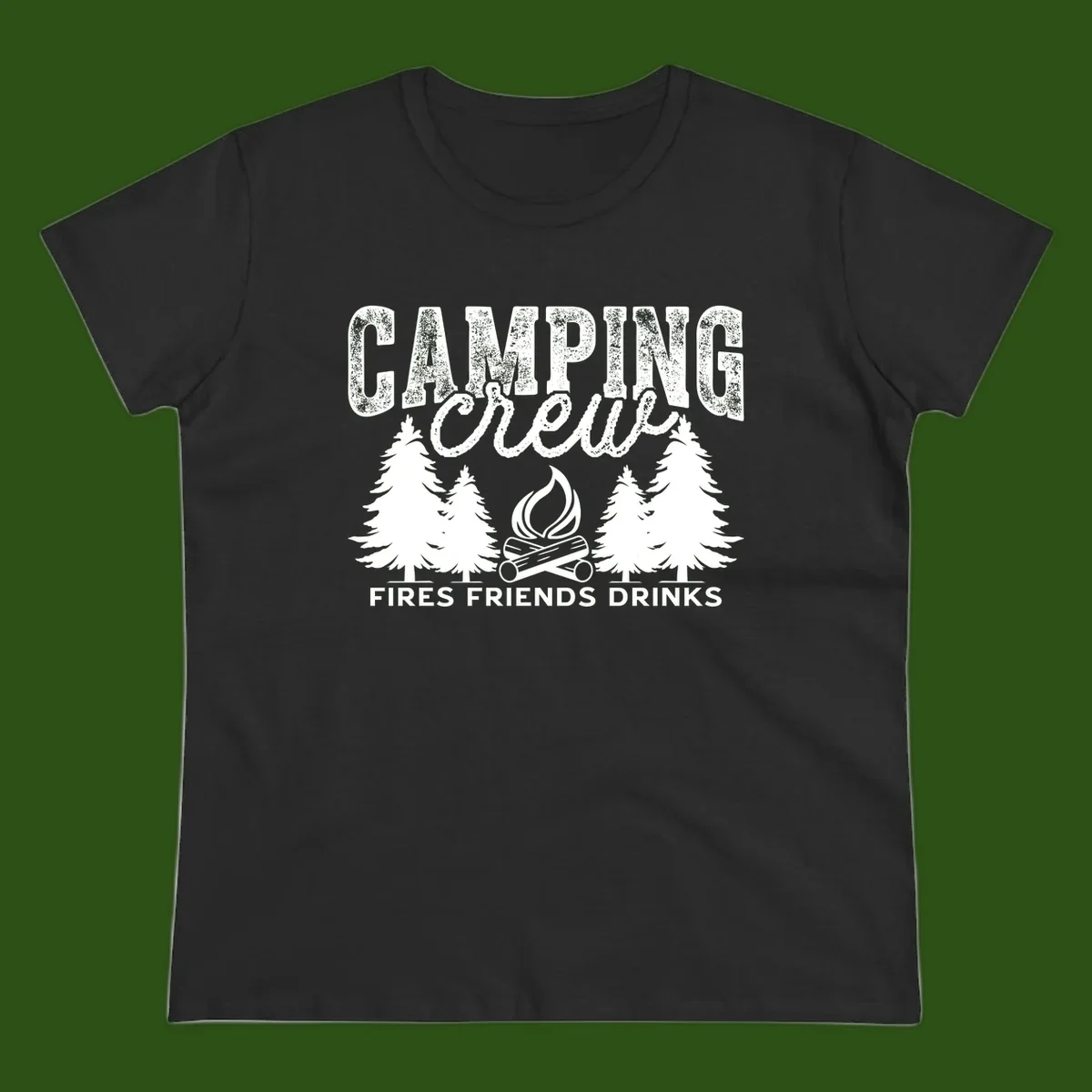 Distressed white design with 'CAMPING' text, campfire, evergreen trees, and 'FIRES FRIENDS DRINKS' script on gray background