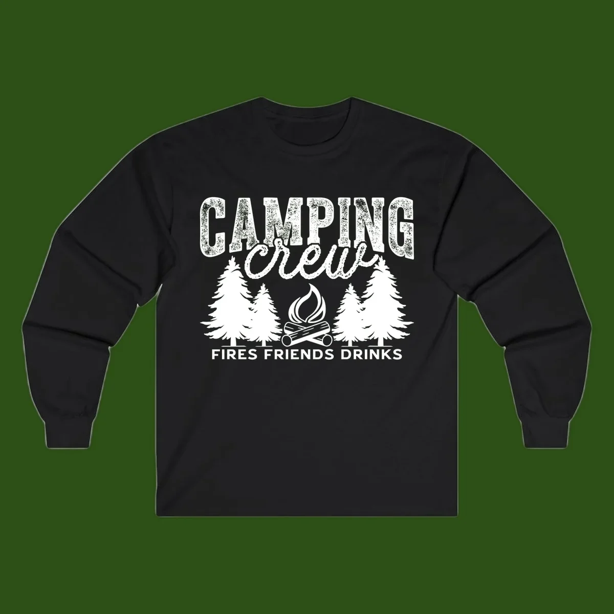 Distressed white design with 'CAMPING' text, campfire, evergreen trees, and 'FIRES FRIENDS DRINKS' script on gray background