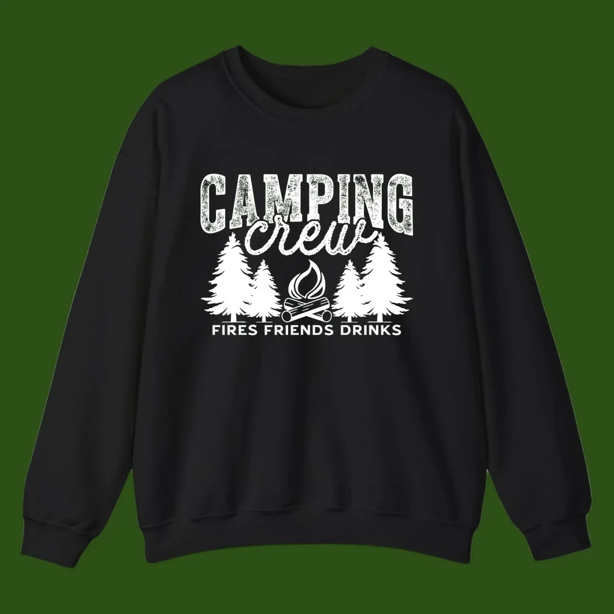 Distressed white design with 'CAMPING' text, campfire, evergreen trees, and 'FIRES FRIENDS DRINKS' script on gray background