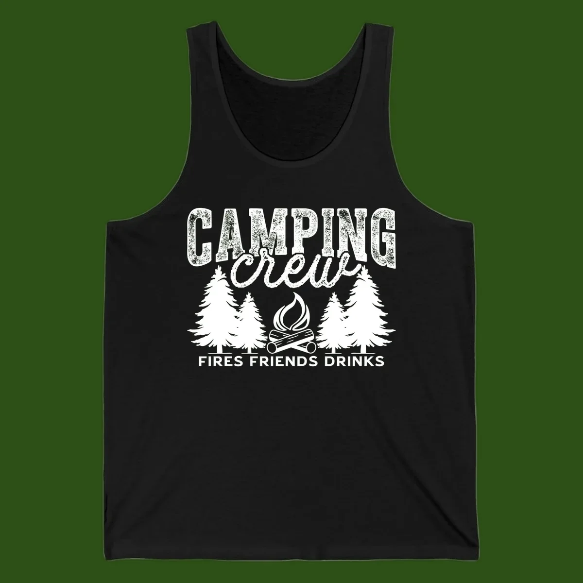 Distressed white design with 'CAMPING' text, campfire, evergreen trees, and 'FIRES FRIENDS DRINKS' script on gray background