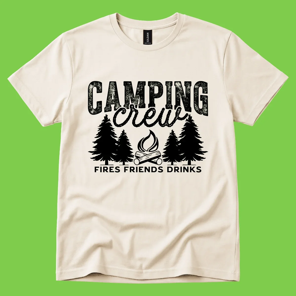 Distressed white design with 'CAMPING' text, campfire, evergreen trees, and 'FIRES FRIENDS DRINKS' script on gray background