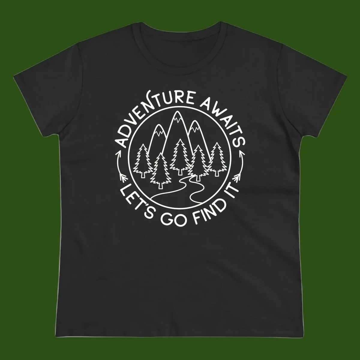 Circular badge with forest scene of evergreen trees and mountains, text reads 'Adventure Awaits Let's Go Find It'