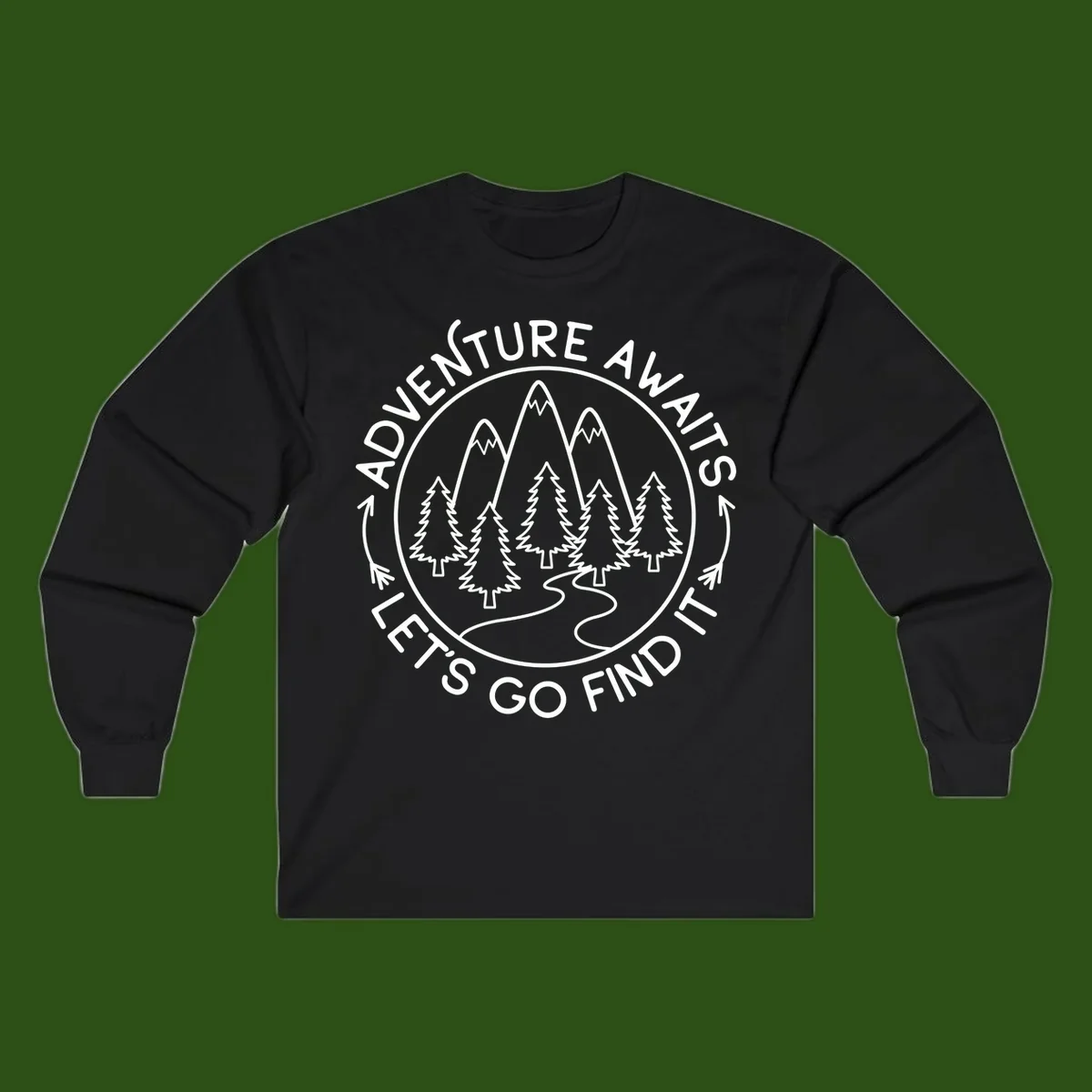Circular badge with forest scene of evergreen trees and mountains, text reads 'Adventure Awaits Let's Go Find It'