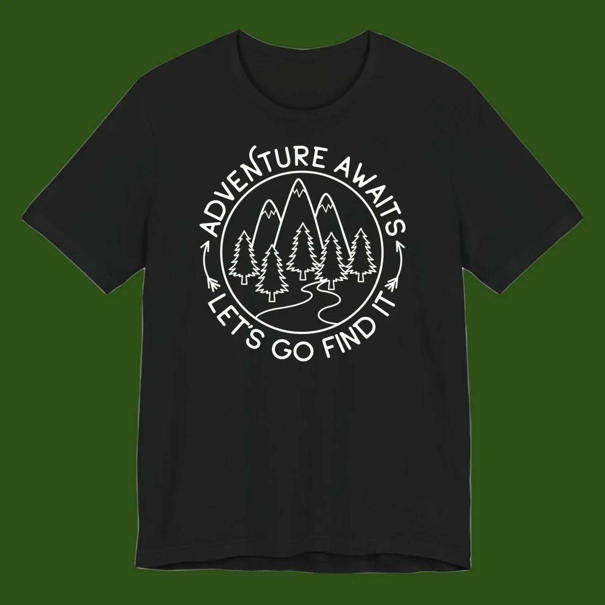 Circular badge with forest scene of evergreen trees and mountains, text reads 'Adventure Awaits Let's Go Find It'
