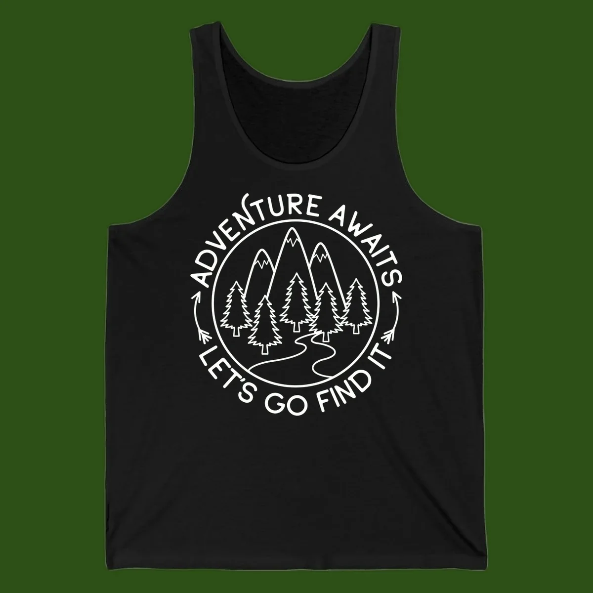 Circular badge with forest scene of evergreen trees and mountains, text reads 'Adventure Awaits Let's Go Find It'