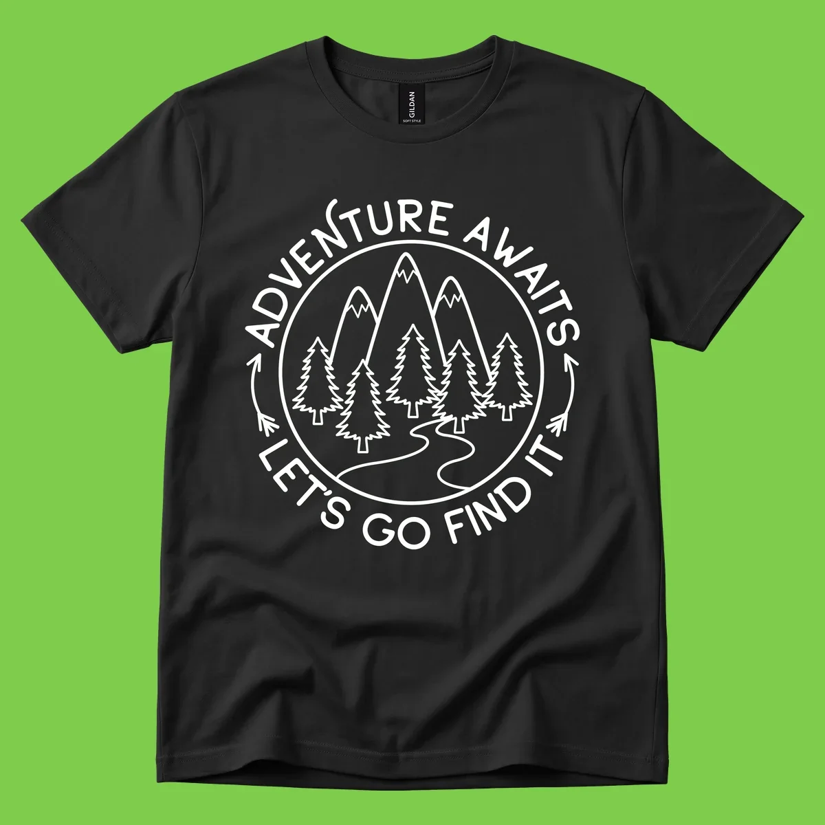 Circular badge with forest scene of evergreen trees and mountains, text reads 'Adventure Awaits Let's Go Find It'