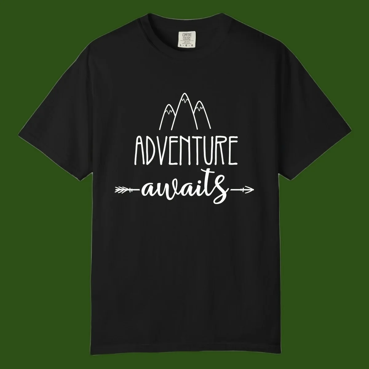 Adventure awaits mountains design with three snow-capped peaks and decorative arrows in white linework