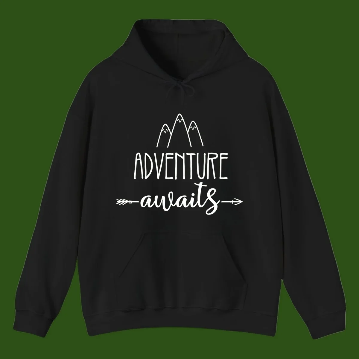 Adventure awaits mountains design with three snow-capped peaks and decorative arrows in white linework