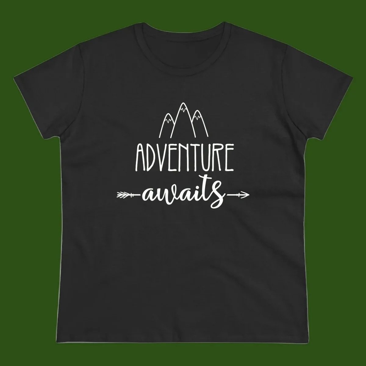 Adventure awaits mountains design with three snow-capped peaks and decorative arrows in white linework