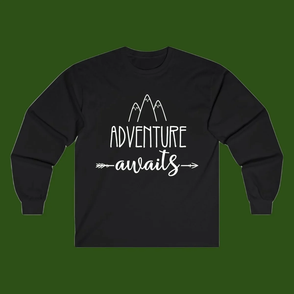 Adventure awaits mountains design with three snow-capped peaks and decorative arrows in white linework