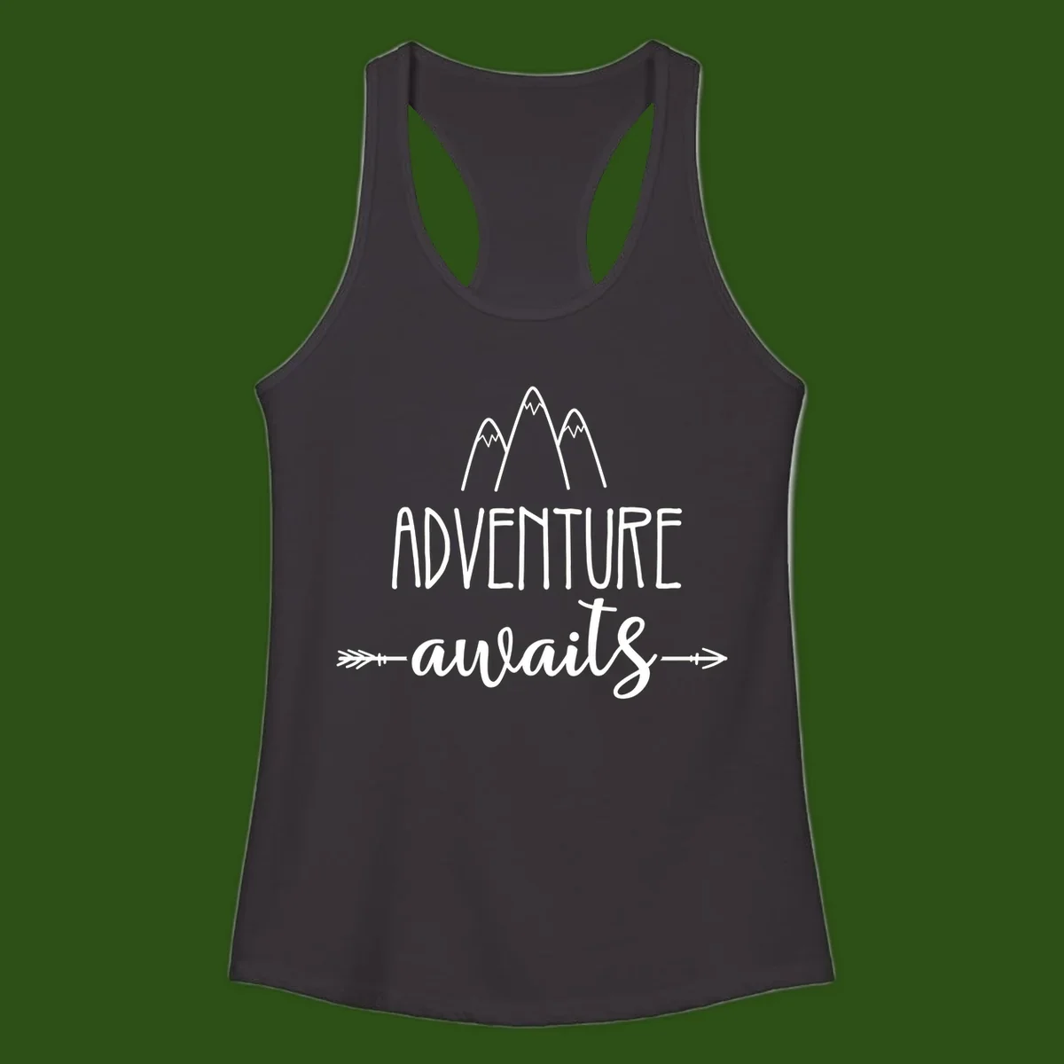 Adventure awaits mountains design with three snow-capped peaks and decorative arrows in white linework