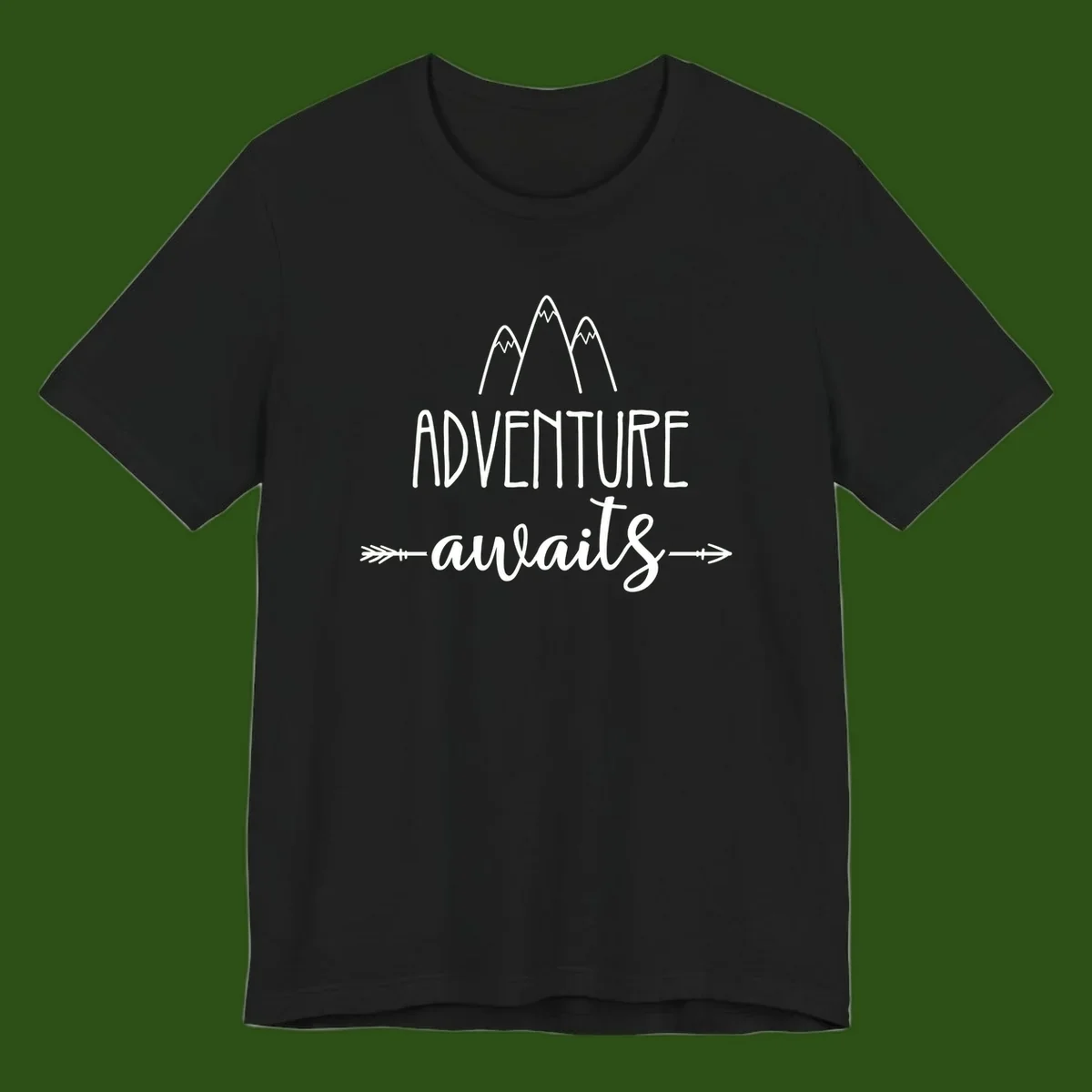 Adventure awaits mountains design with three snow-capped peaks and decorative arrows in white linework