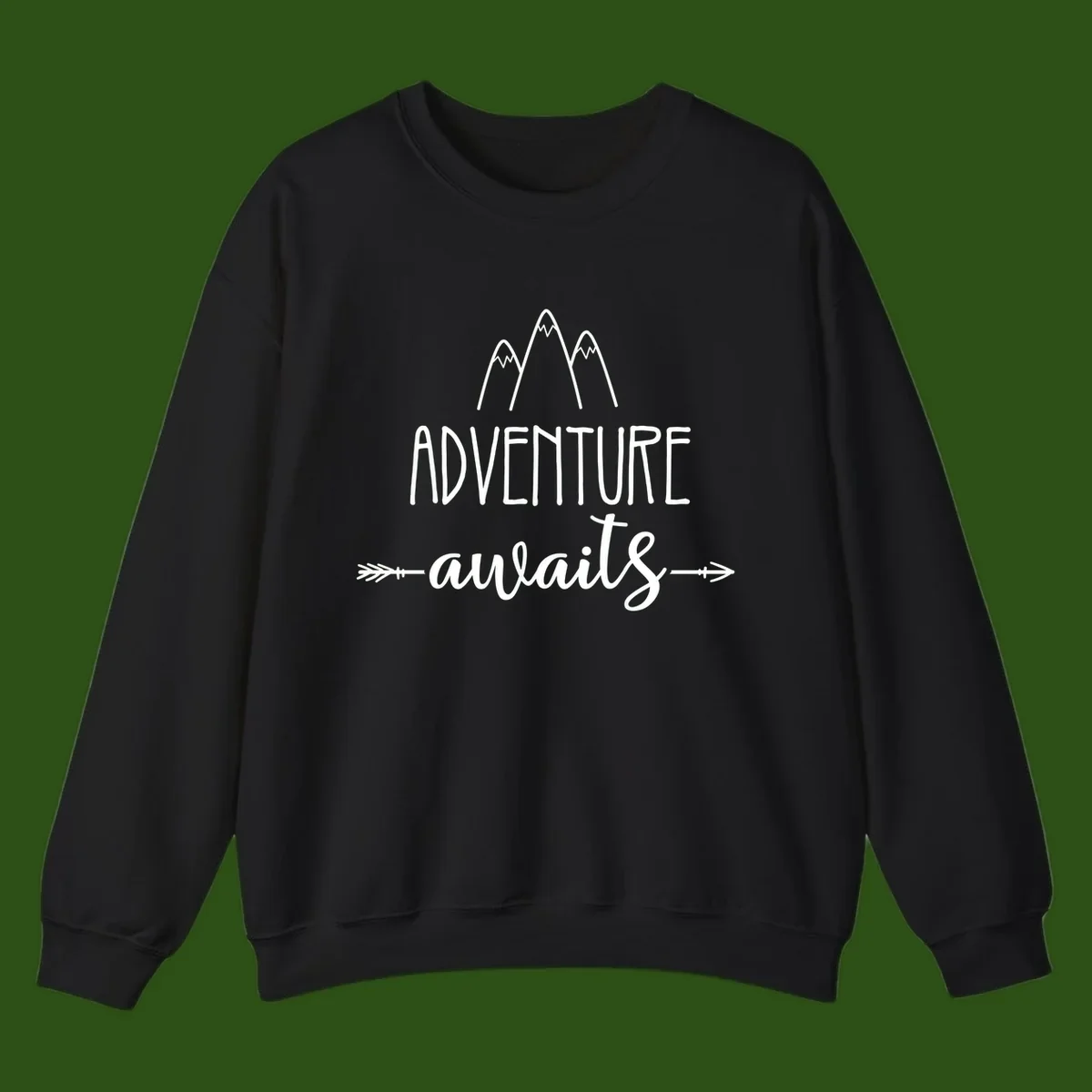 Adventure awaits mountains design with three snow-capped peaks and decorative arrows in white linework