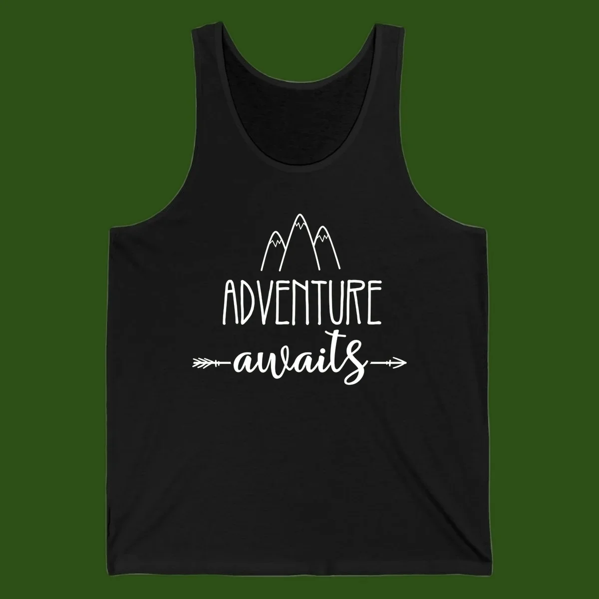 Adventure awaits mountains design with three snow-capped peaks and decorative arrows in white linework