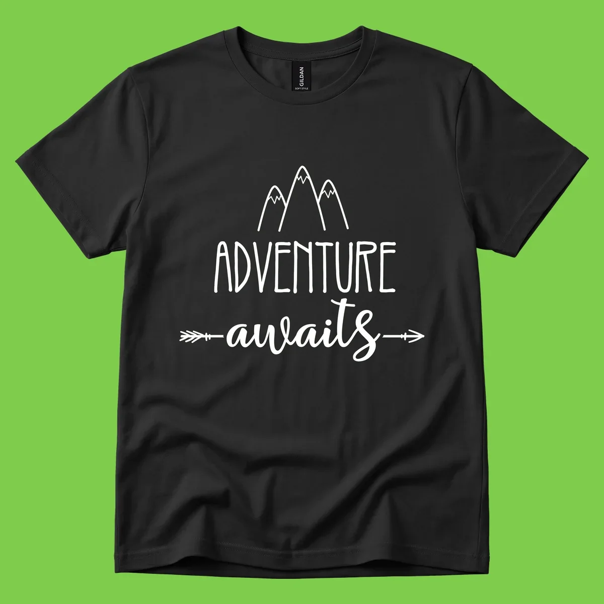 Adventure awaits mountains design with three snow-capped peaks and decorative arrows in white linework