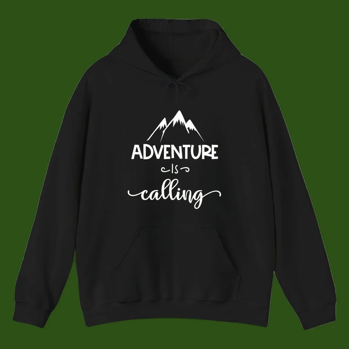 Adventure is calling design with three snow-capped mountain peaks and motivational text on gray background