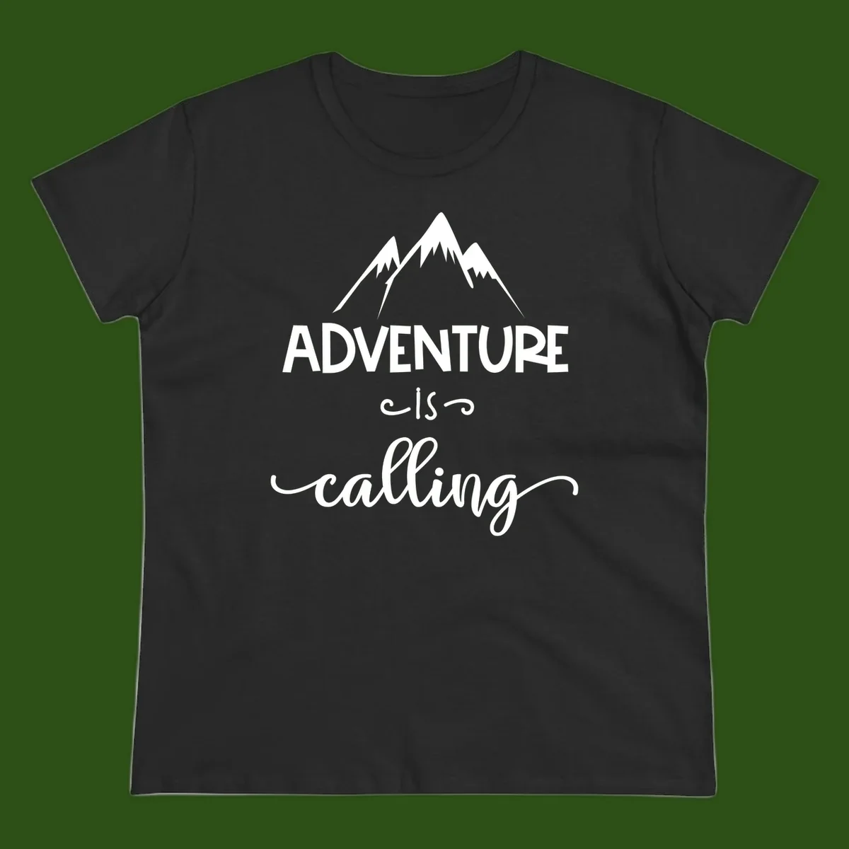 Adventure is calling design with three snow-capped mountain peaks and motivational text on gray background