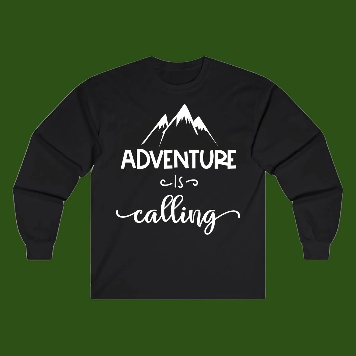 Adventure is calling design with three snow-capped mountain peaks and motivational text on gray background