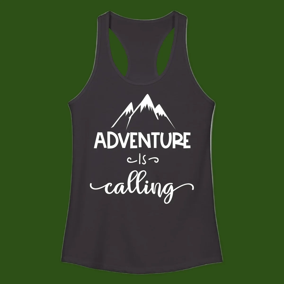 Adventure is calling design with three snow-capped mountain peaks and motivational text on gray background