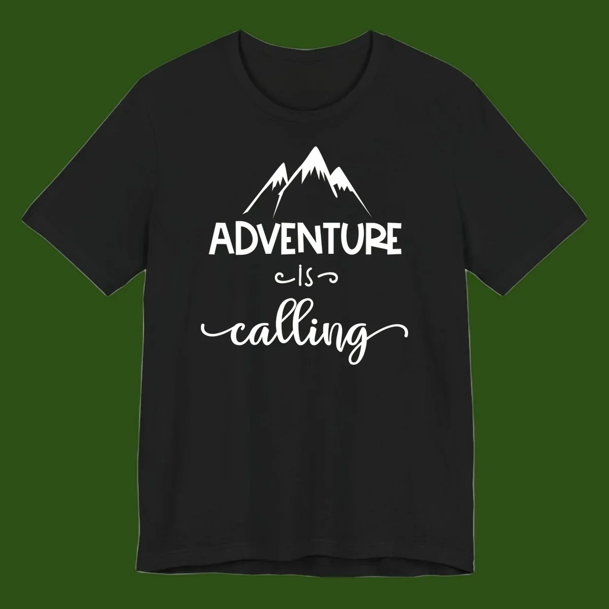 Adventure is calling design with three snow-capped mountain peaks and motivational text on gray background
