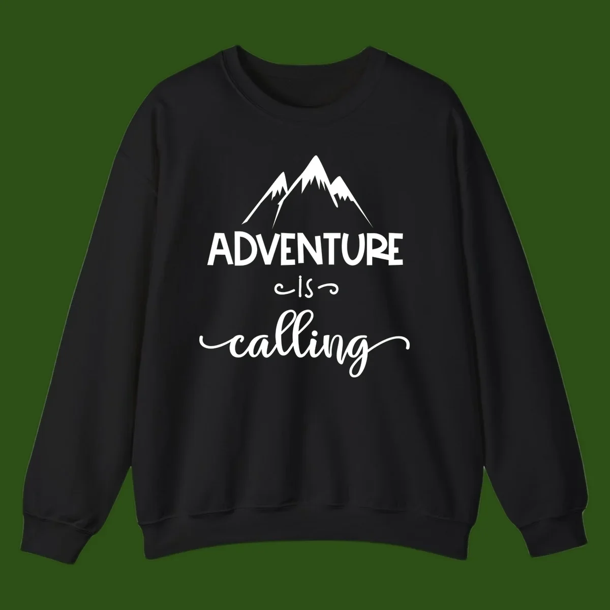 Adventure is calling design with three snow-capped mountain peaks and motivational text on gray background