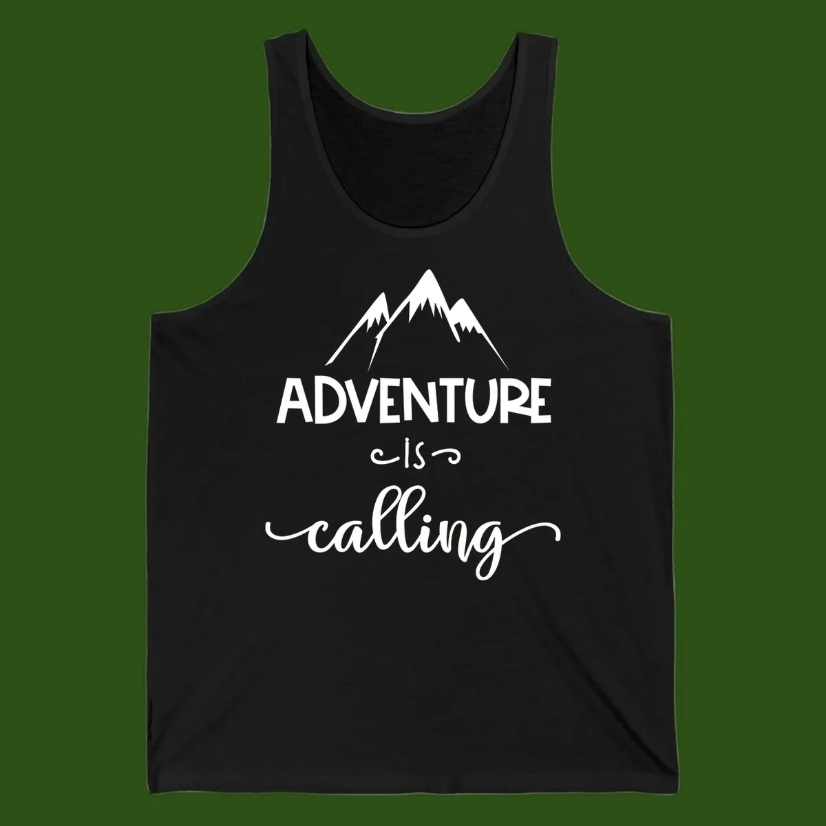 Adventure is calling design with three snow-capped mountain peaks and motivational text on gray background
