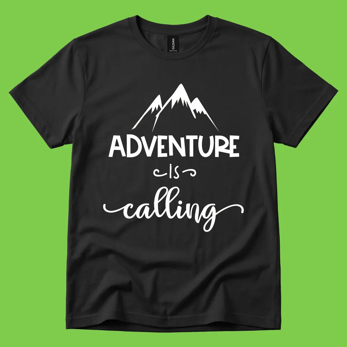 Adventure is calling design with three snow-capped mountain peaks and motivational text on gray background