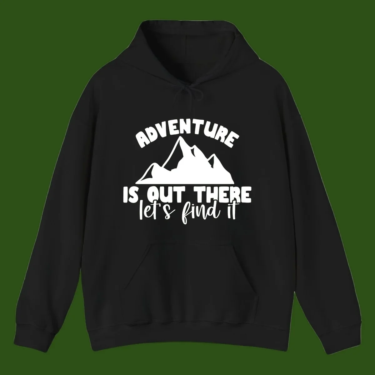 White jagged mountain silhouette with text 'Adventure Is, Out There let's find it' on gray background