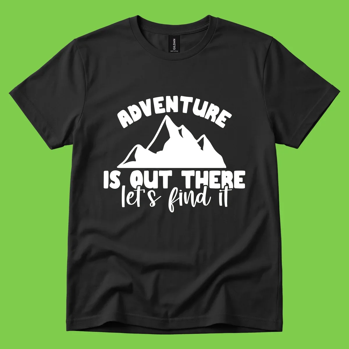 White jagged mountain silhouette with text 'Adventure Is, Out There let's find it' on gray background